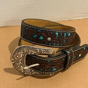 Ariat Western Women’s 26” Leather Belt Rhinestones Turquoise Inlay; A1304027